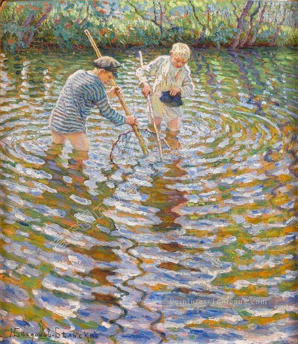 garçons attrapant des poissons Nikolay Bogdanov Belsky Peintures à l'huile